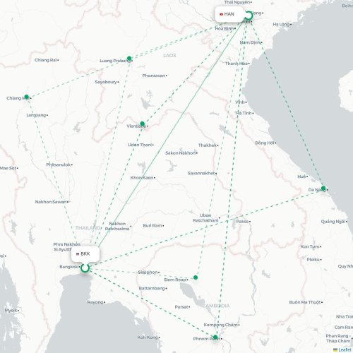 Mapa lotu bezpośredniego Bangkok – Hanoi