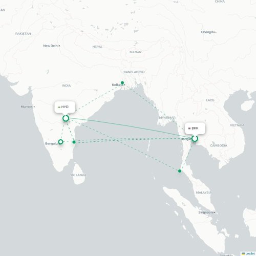 Bangkok - Hyderabad direct flight map