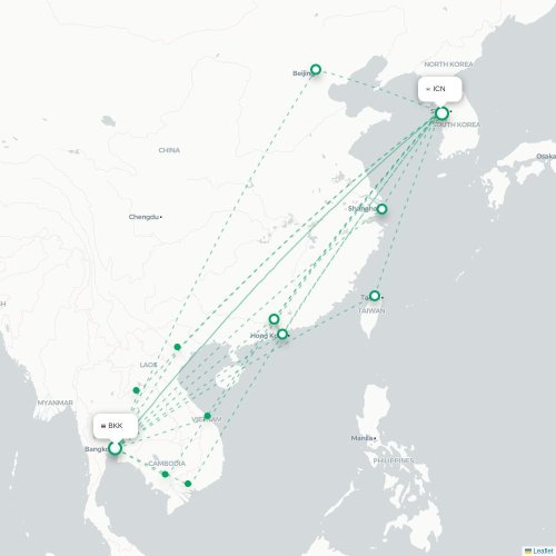 Mapa lotu bezpośredniego Bangkok – Inczhon