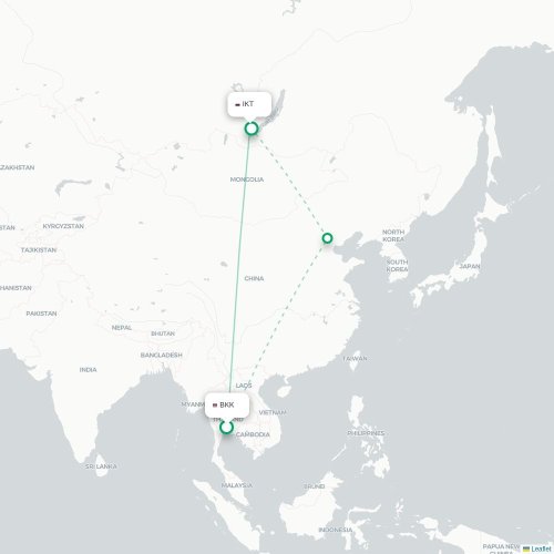Mapa de vuelo directo Bangkok - Irkutsk