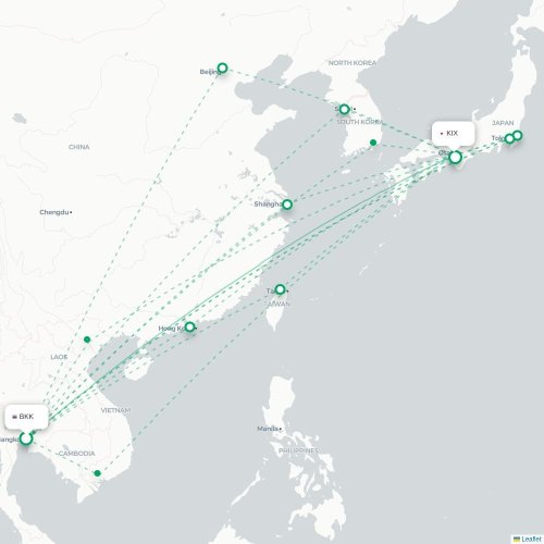 Mapa lotu bezpośredniego Bangkok – Osaka