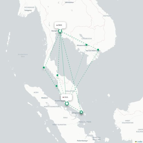 Mapa de vuelo directo Bangkok - Kuala Lumpur