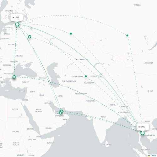 Mapa de vuelo directo Bangkok - San Petersburgo