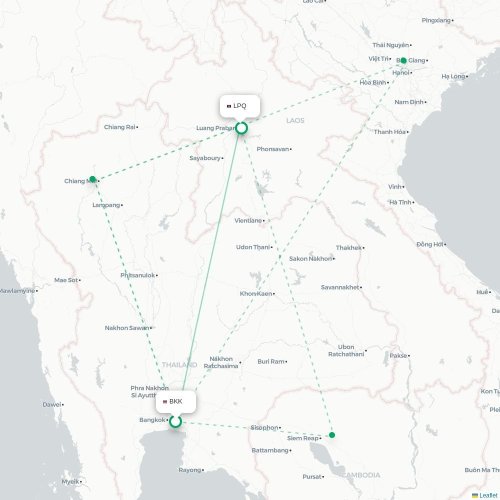 Mapa lotu bezpośredniego Bangkok – Luang Prabang