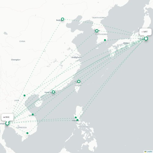 Mapa lotu bezpośredniego Bangkok – Tokio