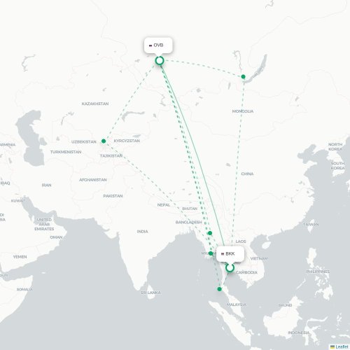 Mapa de vuelo directo Bangkok - Novosibirsk