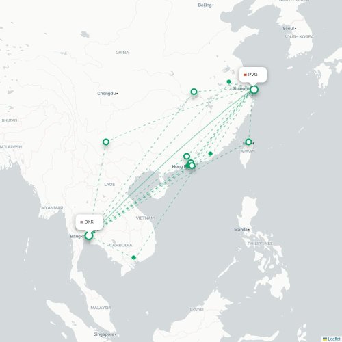 Mapa lotu bezpośredniego Bangkok – Szanghaj