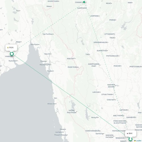 Mapa lotu bezpośredniego Bangkok – Rangun