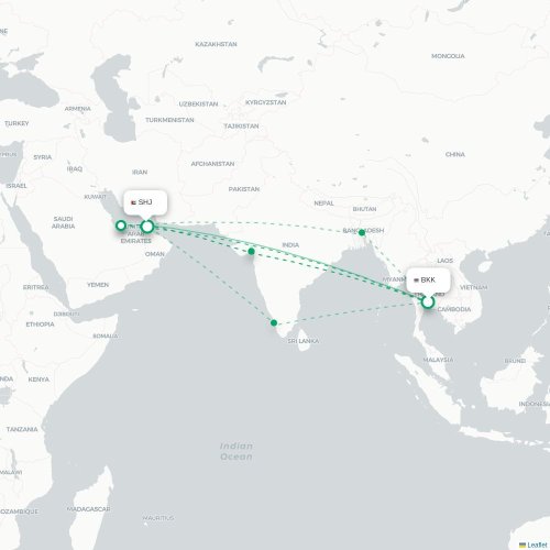 Mapa de vuelo directo Bangkok - Sharjah