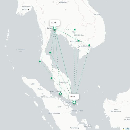 Mapa de vuelo directo Bangkok - Singapur