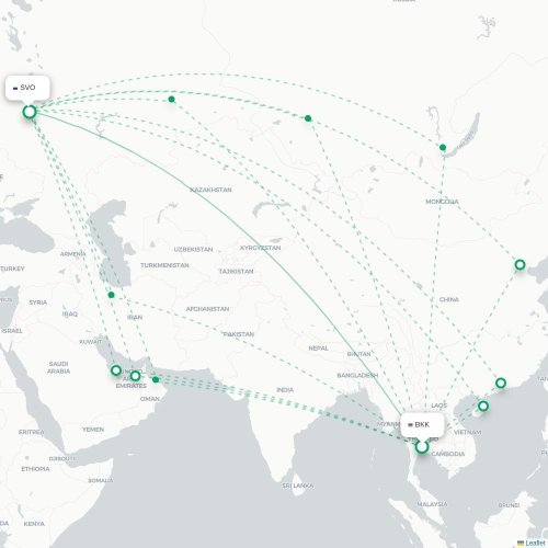 Mapa de vuelo directo Bangkok - Moscú