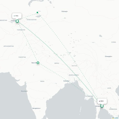 Mapa de vuelo directo Bangkok - Taskent