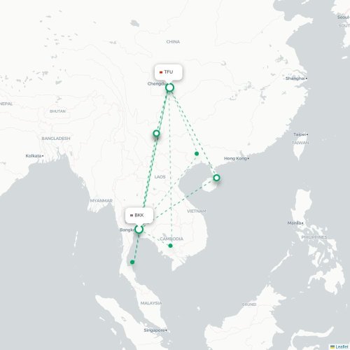 Mapa lotu bezpośredniego Bangkok – Chengdu