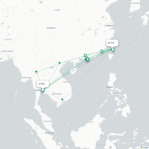 Mapa lotu bezpośredniego Bangkok – Tajpej