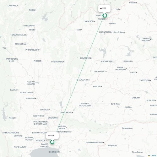 Mapa lotu bezpośredniego Bangkok – Wientian