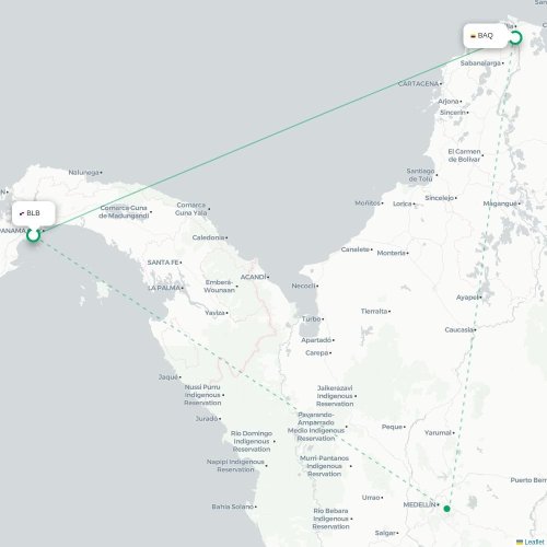 Mapa de vuelo directo Ciudad de Panamá - Barranquilla