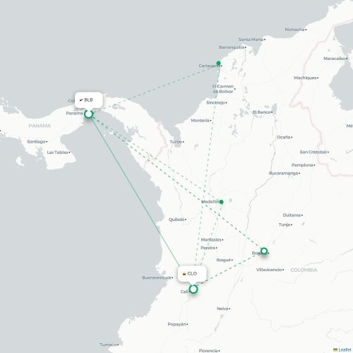 Mapa de vuelo directo Ciudad de Panamá - Santiago de Cali