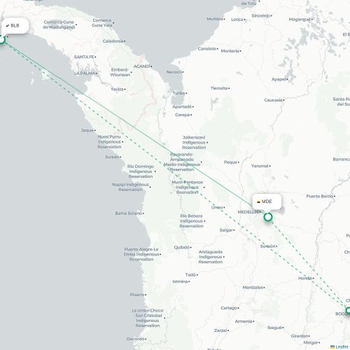 Mapa de vuelo directo Ciudad de Panamá - Medellín