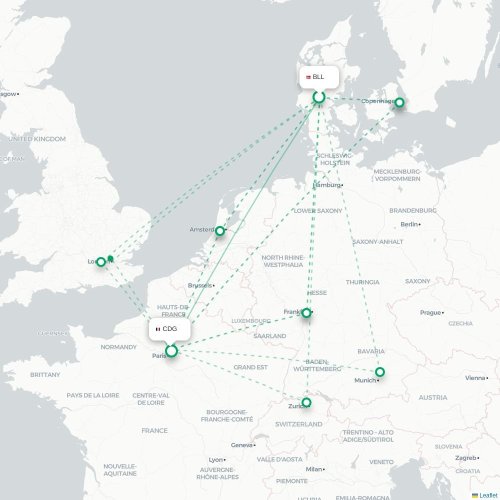 Mapa de vuelo directo Billund - París