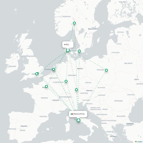 Mapa de vuelo directo Billund - Roma