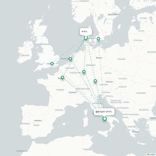 Mapa lotu bezpośredniego Billund – Neapol