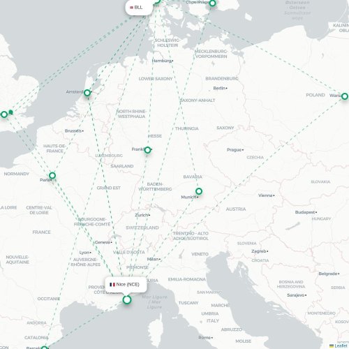Mapa de vuelo directo Billund - Niza