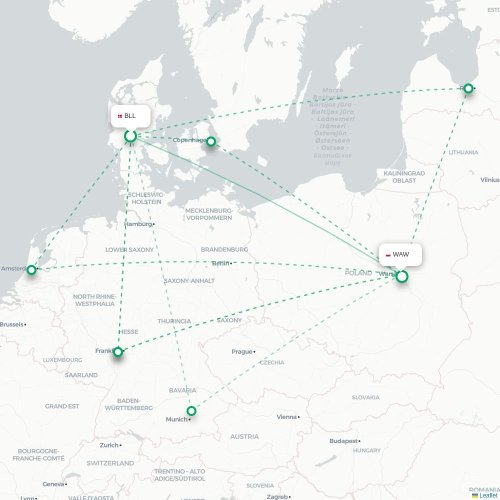 Mapa lotu bezpośredniego Billund – Warszawa