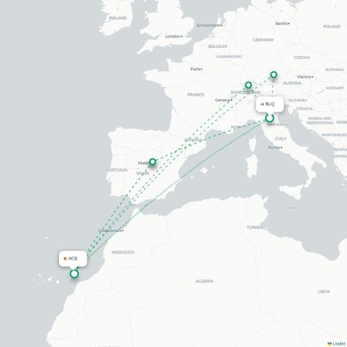 Mapa de vuelo directo Bolonia - Arrecife