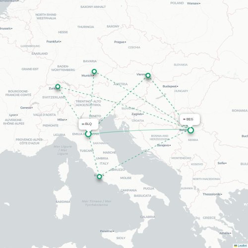 Mapa de vuelo directo Bolonia - Belgrado