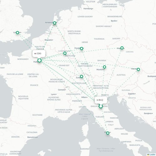 Mapa lotu bezpośredniego Bolonia – Paryż