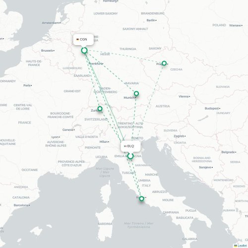 Bologna - Keulen kaart van rechtstreekse vlucht