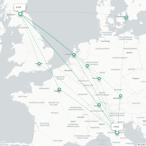 Mapa lotu bezpośredniego Bolonia – Edynburg