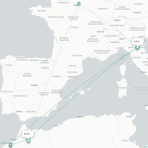 Mapa lotu bezpośredniego Bolonia – Fez