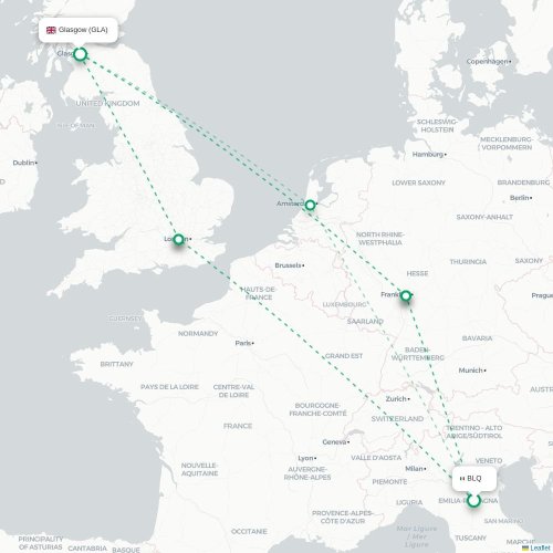 Mapa lotu bezpośredniego Bolonia – Glasgow