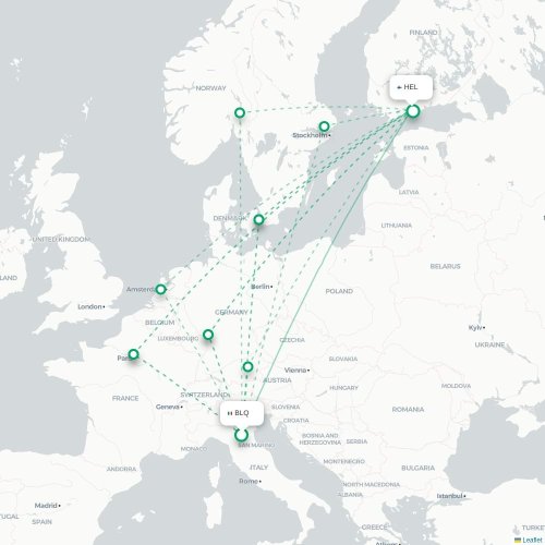 Mapa de vuelo directo Bolonia - Helsinki