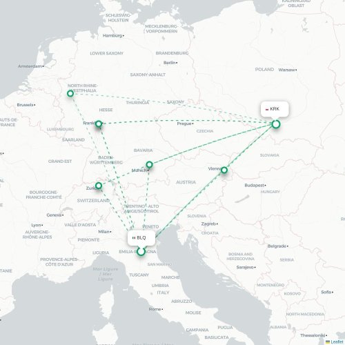 Mapa lotu bezpośredniego Bolonia – Kraków