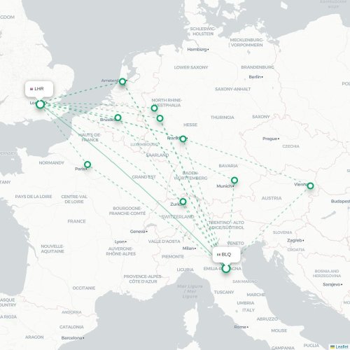 Mapa lotu bezpośredniego Bolonia – Londyn