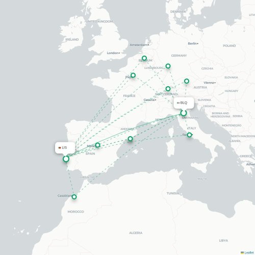 Mapa lotu bezpośredniego Bolonia – Lizbona