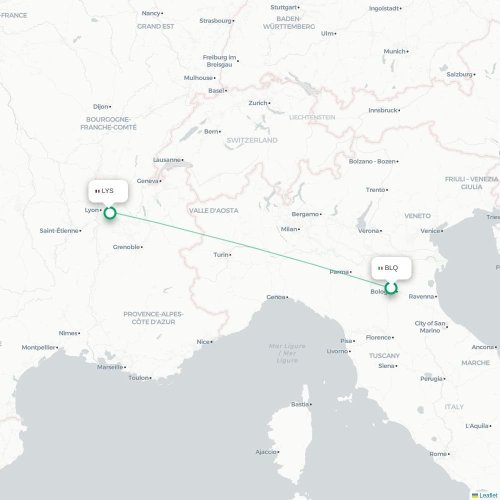 Mapa lotu bezpośredniego Bolonia – Lyon