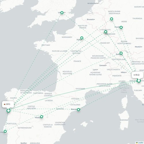 Mapa de vuelo directo Bolonia - Oporto