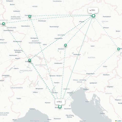 Mapa lotu bezpośredniego Bolonia – Praga