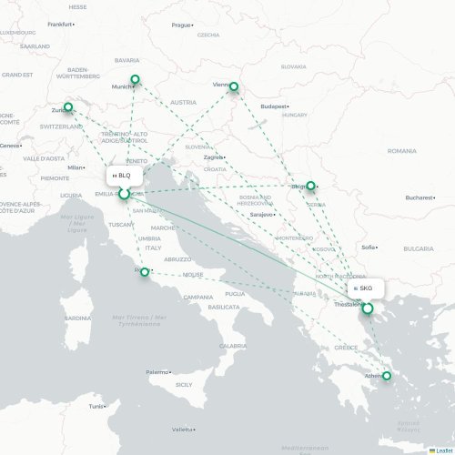 Bologna - Thessaloniki karta över direktflyg
