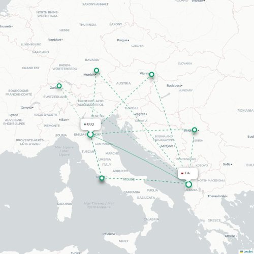 Mapa lotu bezpośredniego Bolonia – Tirana