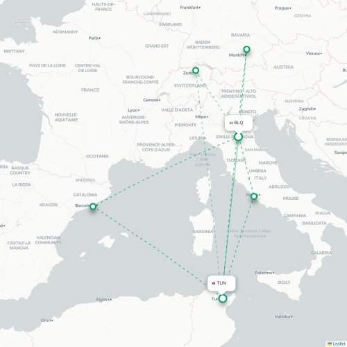 Mapa lotu bezpośredniego Bolonia – Tunis
