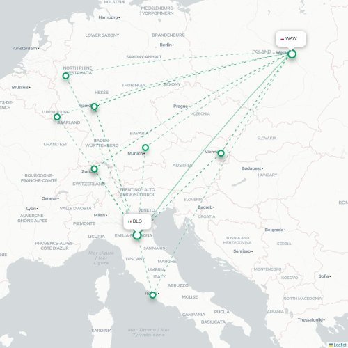 Mapa lotu bezpośredniego Bolonia – Warszawa