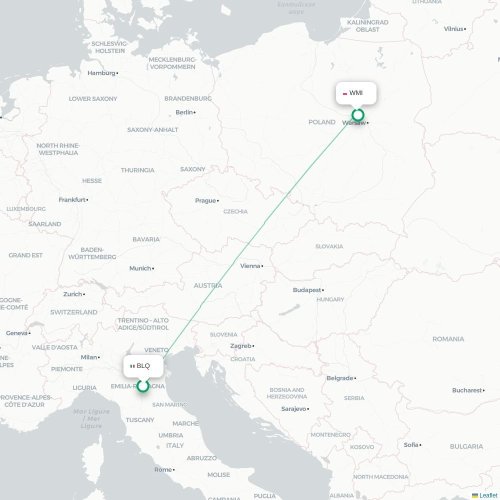 Mapa lotu bezpośredniego Bolonia – Warszawa