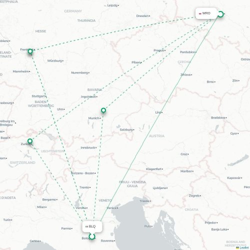 Mapa lotu bezpośredniego Bolonia – Wrocław