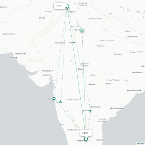 Mapa de vuelo directo Bangalore - Amritsar