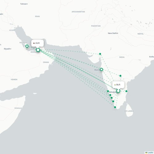 Mapa de vuelo directo Bangalore - Abu Dabi