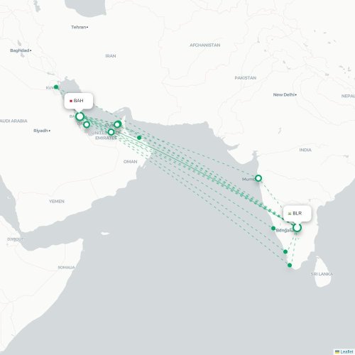 Bangalore - Manamah kaart van rechtstreekse vlucht
